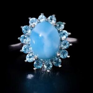 Larimar & Betroka Blue Apatite Halo Ring w/ Rhodium/Sterling Silver 3.0ctw